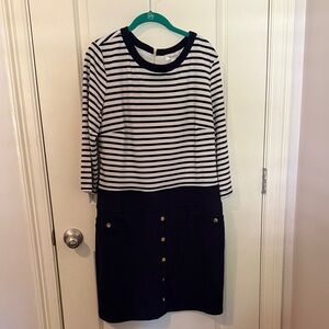 Striped navy blue and White Dress with Gold Buttons